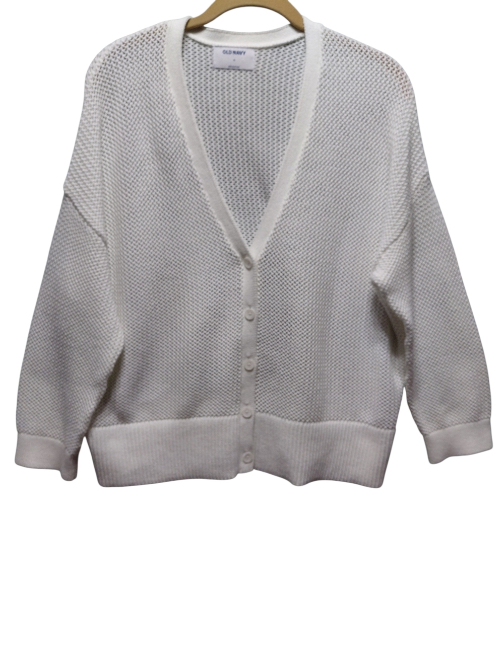 Old Navy Pure White Open Knit V-Neck Button Front Preppy Cardigan Sweater XL EUC